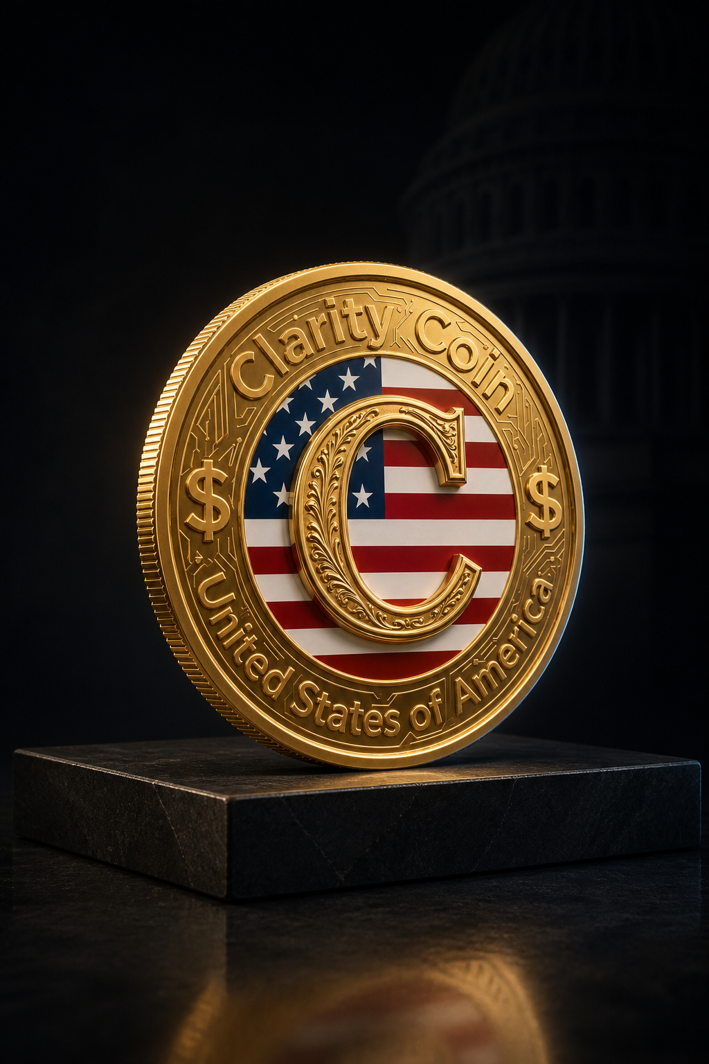 Gold Clarity Coin displayed on a black stone plinth